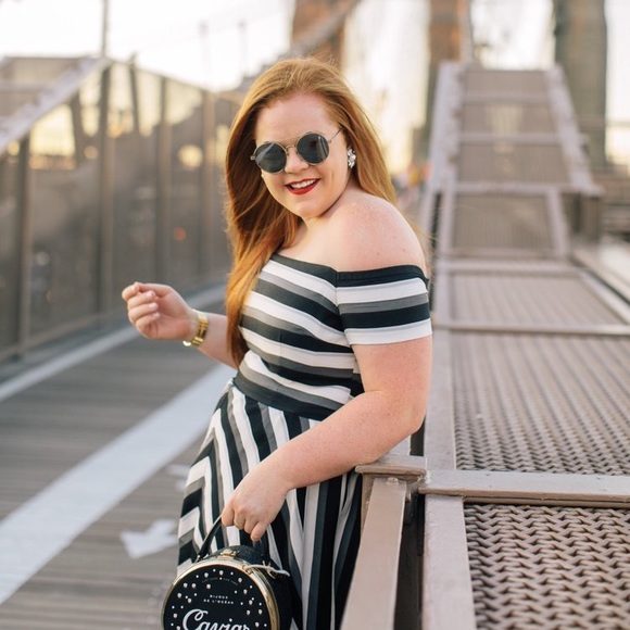 lela rose off the shoulder black and white stripe midi dress - Picture 5 of 13